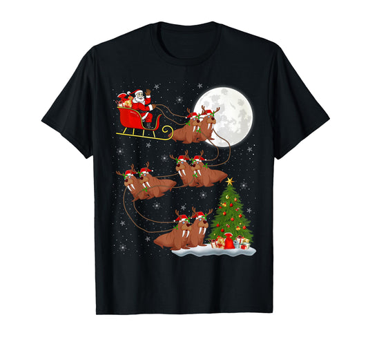 Xmas Tree Lights Funny Santa Riding Walrus Christmas T-Shirt