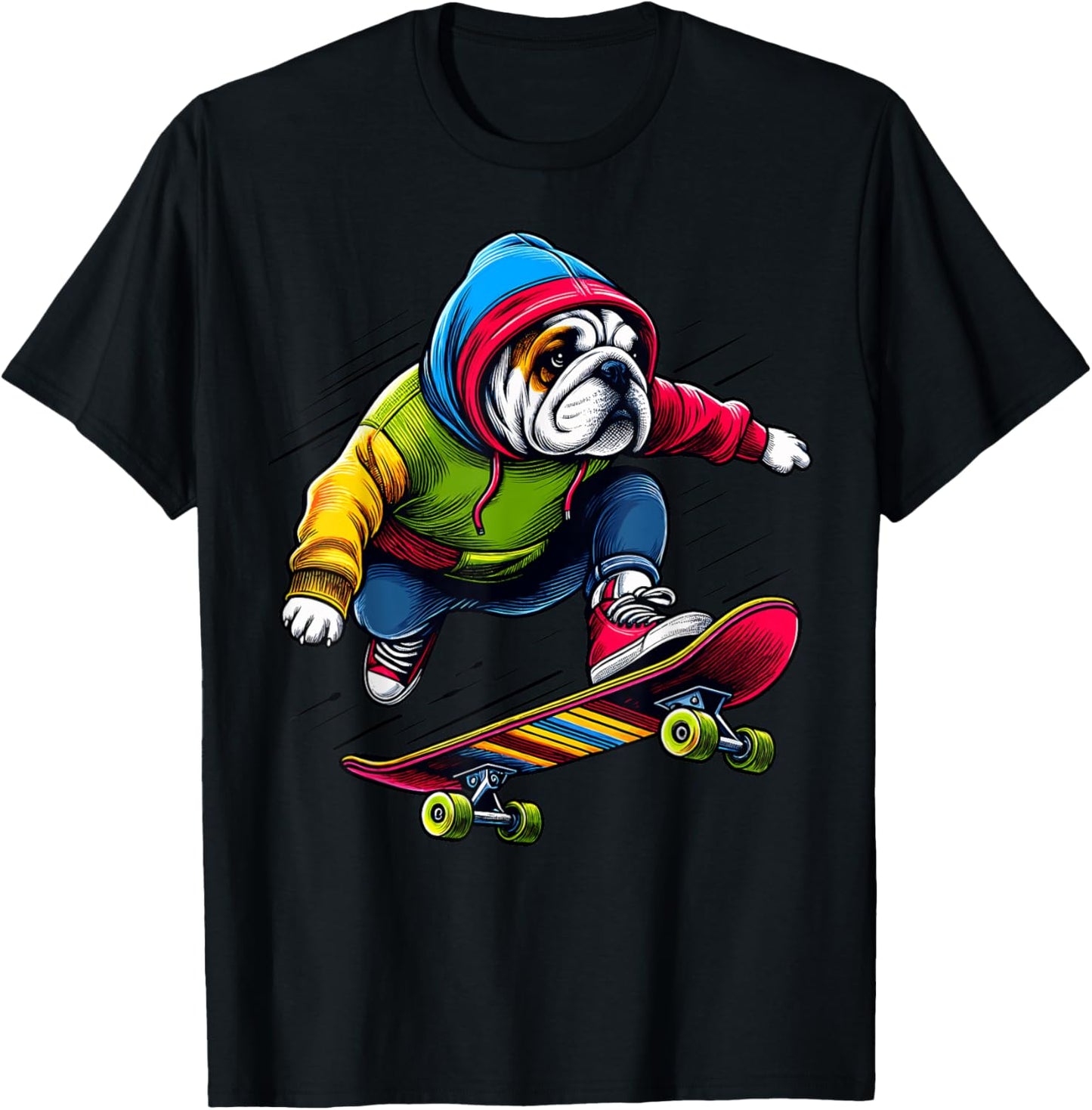 Cool Bulldog Dog Skateboarding Illustration Art T-Shirt