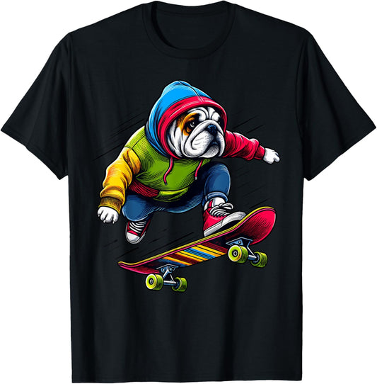 Cool Bulldog Dog Skateboarding Illustration Art T-Shirt