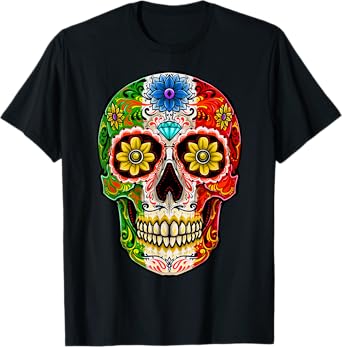Dia de Muertos Cinco de Mayo Sugar Skull Mexican Flag T-Shirt