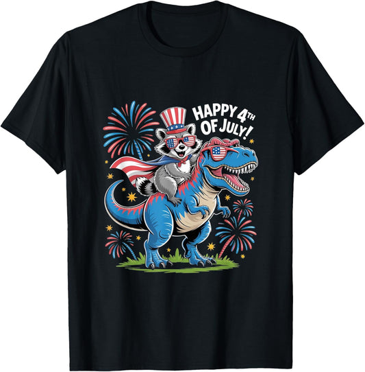 Funny Raccoon Riding dinosaur 4th Of July Patriotic T-Shirt