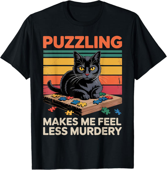 Puzzling Makes Me Feel Less Murdery Retro Vintage Black Cat T-Shirt