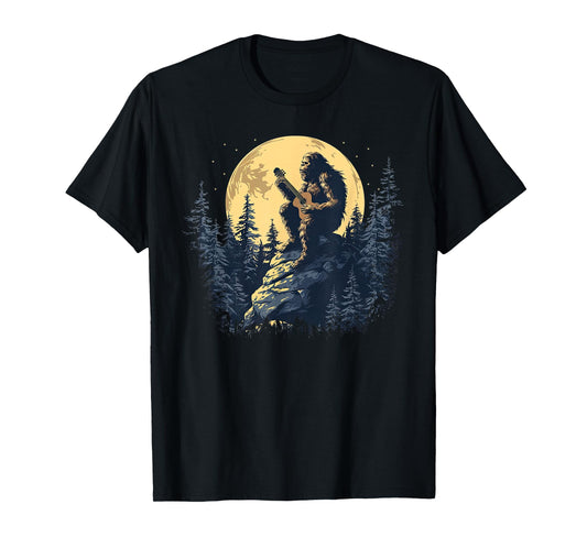 Bigfoot Playing Guitar Full Moon Funny Sasquatch T-Shirt