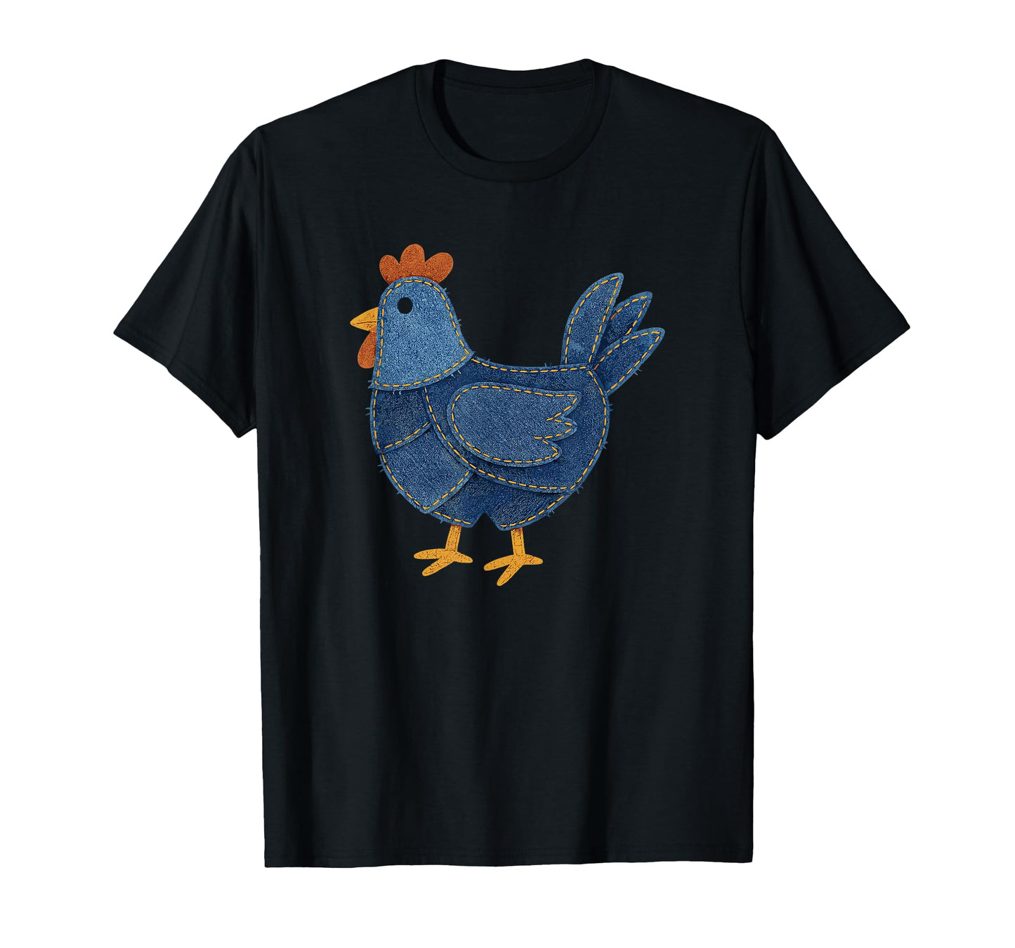Retro Chicken Patch Print Denim Patchwork Art T-Shirt