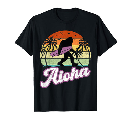 Aloha Bigfoot Cradling Surfboard Sasquatch in Hawaii Vintage T-Shirt