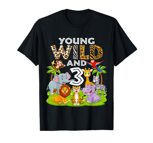 Young Wild and 3 Zoo 3rd Birthday Animals Jungle Safari Kids T-Shirt