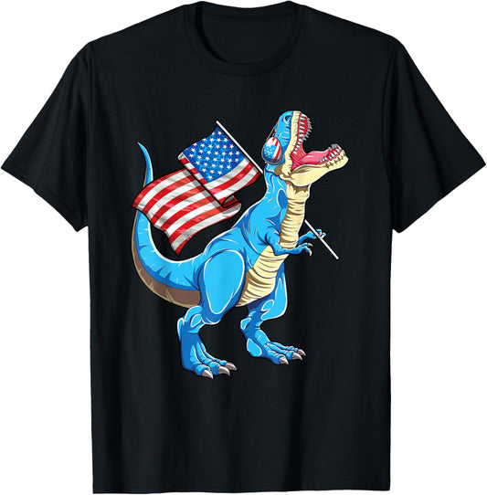 T rex Dinosaur USA American Flag Boys Men 4th of July T-Shirt