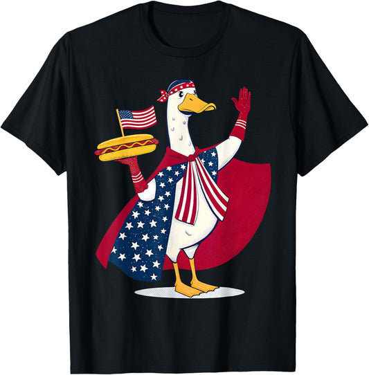 4th of July Funny Goose Hotdog Graphic Star White Red Blue T-Shirt
