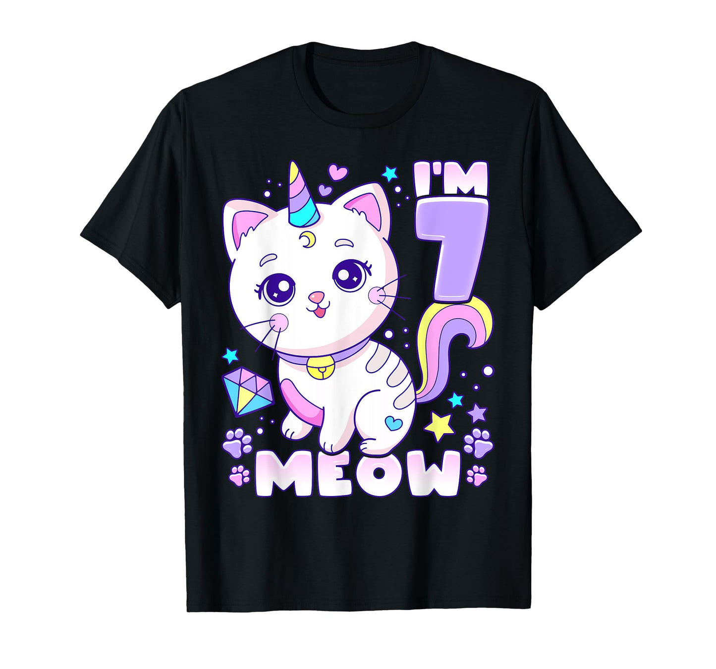 Birthday girl 7 years old, cat, unicorn, 7th birthday T-Shirt