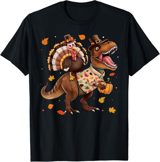 Funny Turkey Riding Dinosaur T rex Thanksgiving Boys Kids T-Shirt