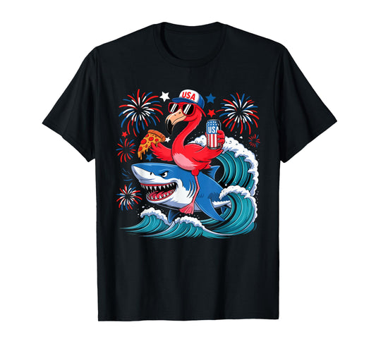 Flamingo Riding Shark With Beer Pizza 4th Of July Patriotic T-Shirt