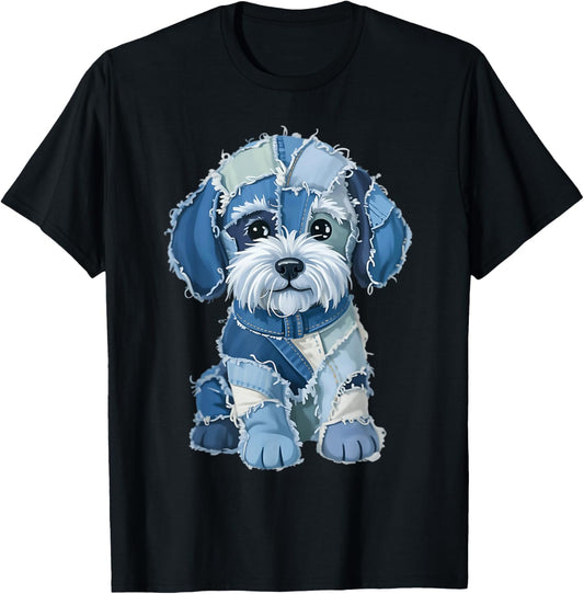 retro funny denim patch animal dog print For Men And women T-Shirt