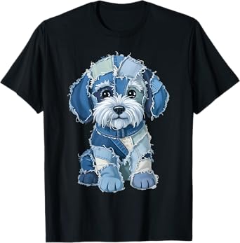 retro funny denim patch animal dog print For Men And women T-Shirt