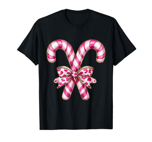 Christmas Candy Cane Coquette Bow Xmas Holiday Women Girls T-Shirt