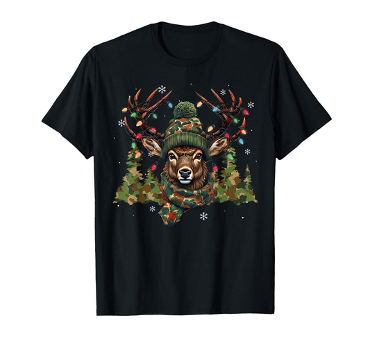 Christmas Holiday Camo Hunting Reindeer Deer Xmas Lights T-Shirt