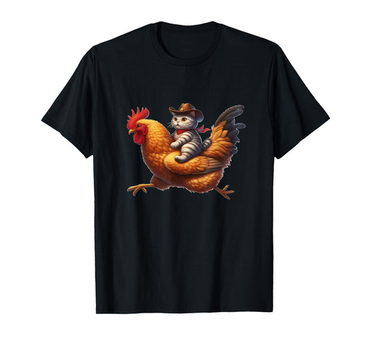 Funny Cat Riding Rooster Rodeo Cowboy Cat Riding Chicken T-Shirt