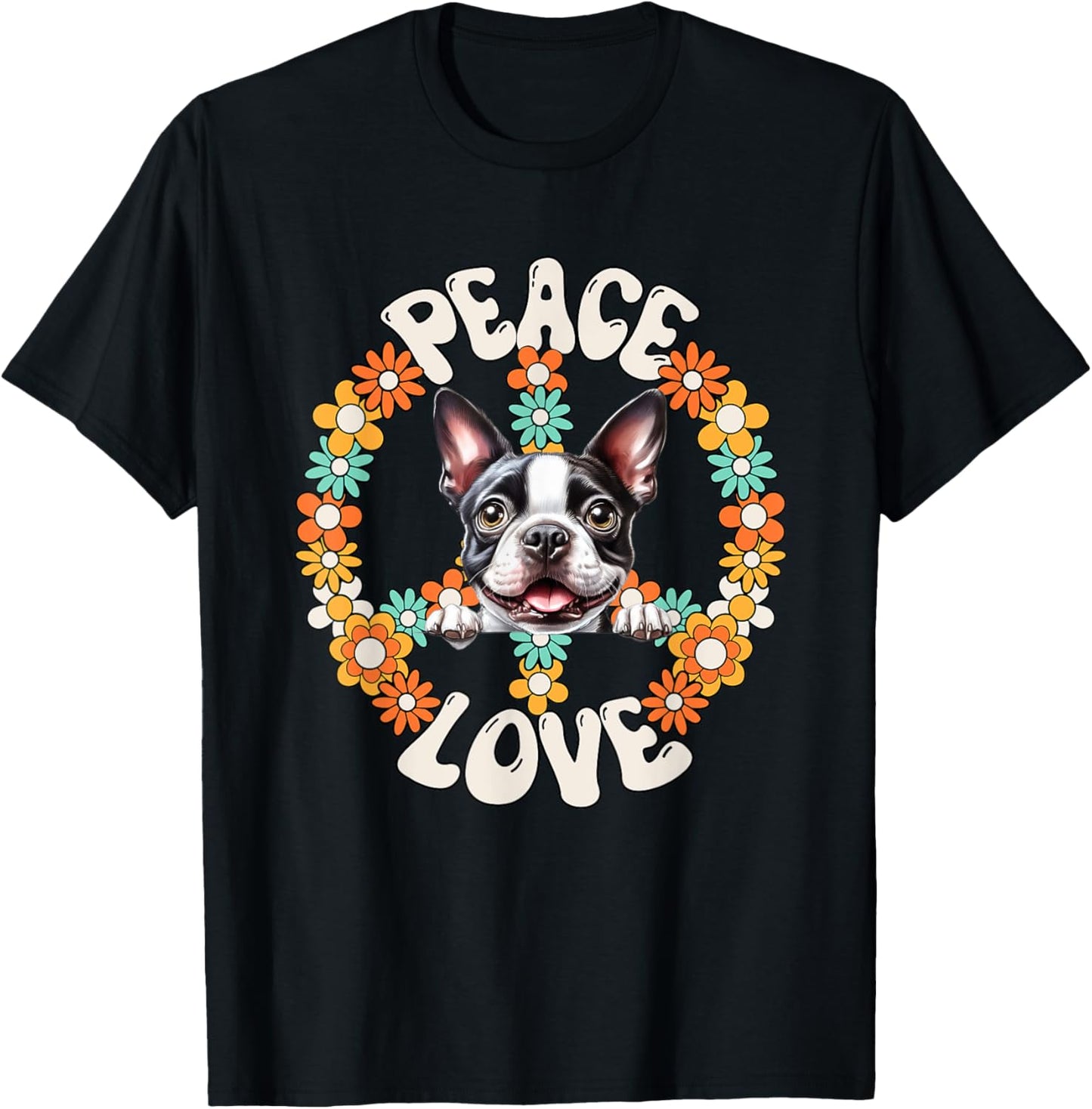 60s 70s Groovy Peace Love Boston Terrier Lovers T-Shirt