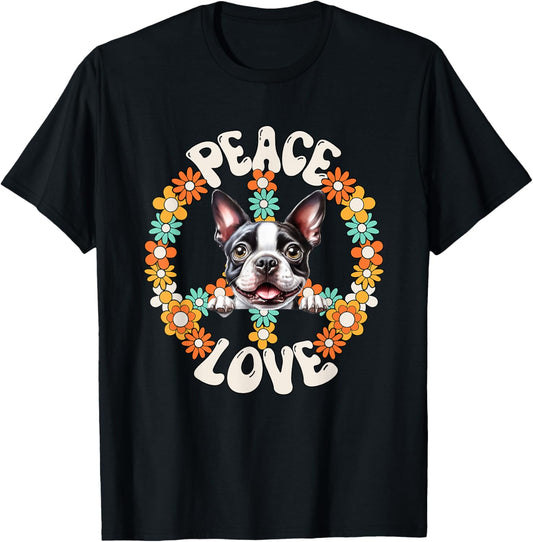 60s 70s Groovy Peace Love Boston Terrier Lovers T-Shirt