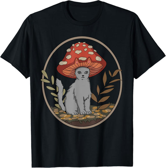 Cottagecore Aesthetic Cat with Mushroom Hat T-Shirt