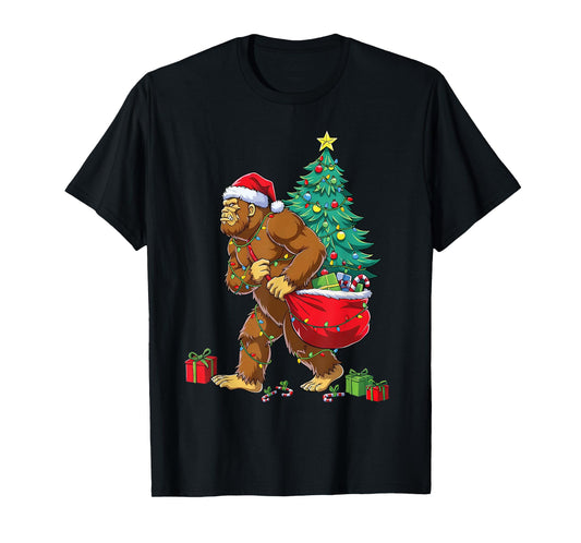 Santa Bigfoot Christmas Tree Xmas Lights Funny Sasquatch T-Shirt