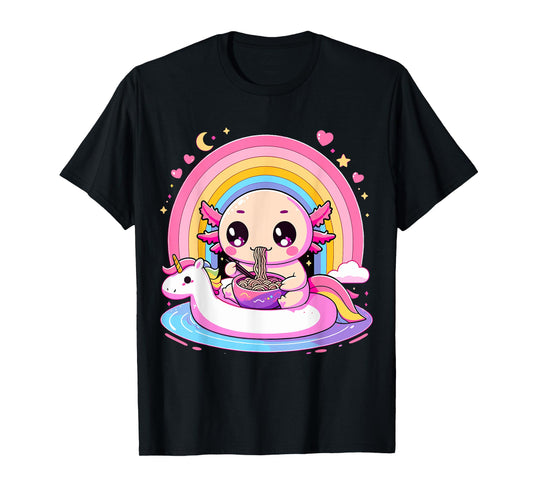 Axolotl eating Ramen with Unicorn T-Shirt