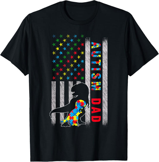 Autism Dad US Flag Dinosaur Autism Awareness T-Shirt