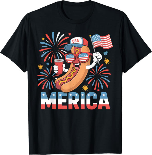 Funny Patriotic Hotdog 'Merica Style 4th of July BBQ Humor T-Shirt