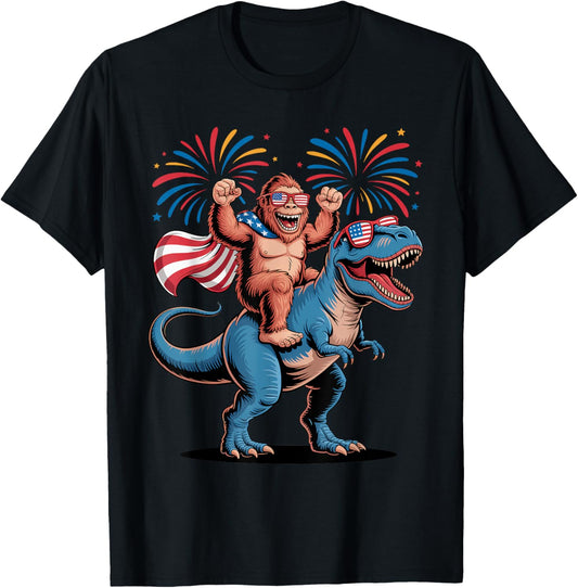 Bigfoot Riding Dinosaur Independence Day Happy 4th of July T-Shirt
