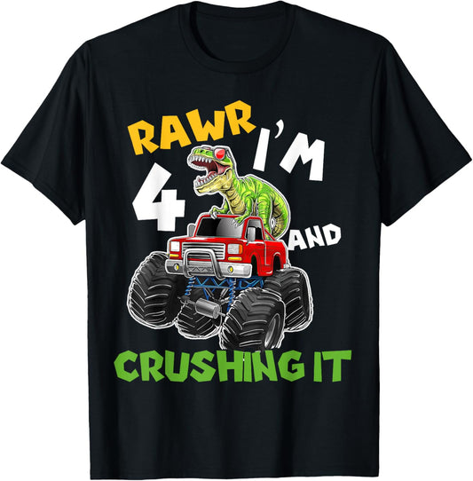 Rawr I’m 4 Crushing It Dinosaur 4th Birthday Monster Truck T-Shirt