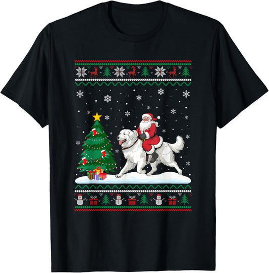 Ugly Christmas Tree Lights Santa Riding Great Pyrenees Dog T-Shirt