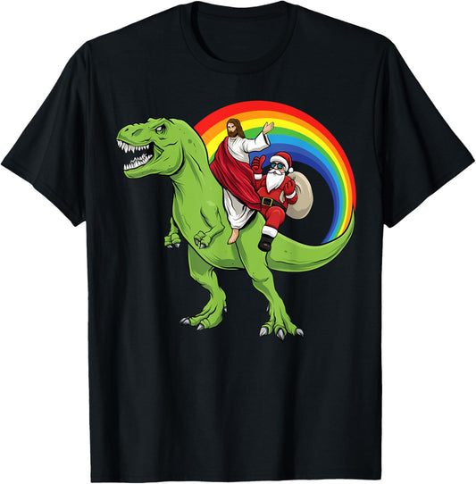 Jesus & Santa Riding Dinosaur Kids Boys Men Christmas T-Rex T-Shirt