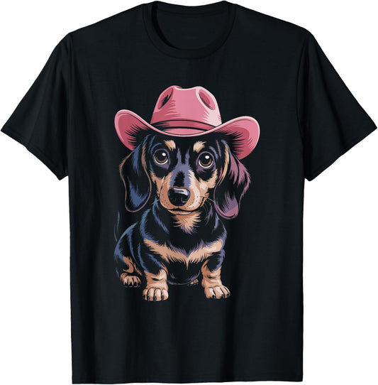 Cool Dachshund in Pink Cowboy Hat and Shades T-Shirt