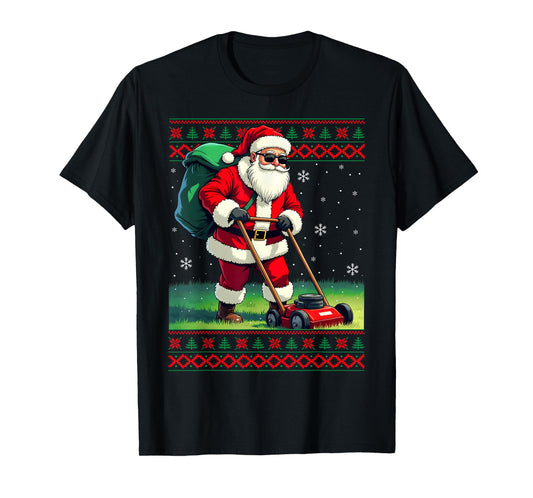 Santa Claus Mowing Lawn Ugly Christmas Holiday Boys Men T-Shirt