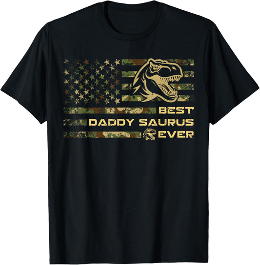 Daddysaurus T Rex Dinosaur Daddy Saurus Camo American Flag T-Shirt