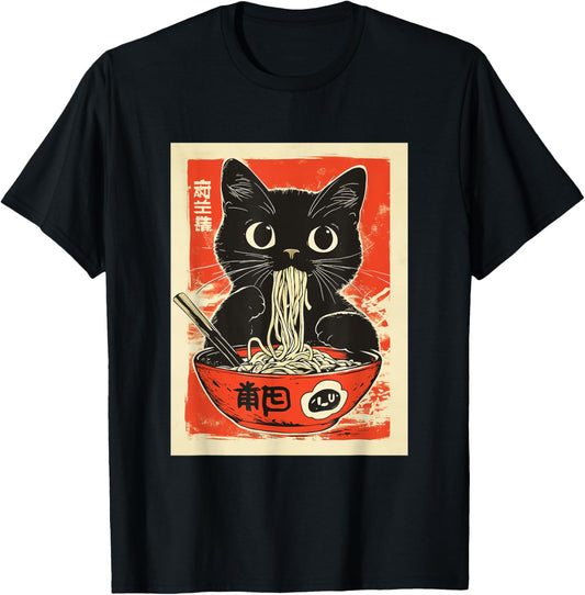 Noodle Cat Japanese Style Art Graphic Tee T-Shirt