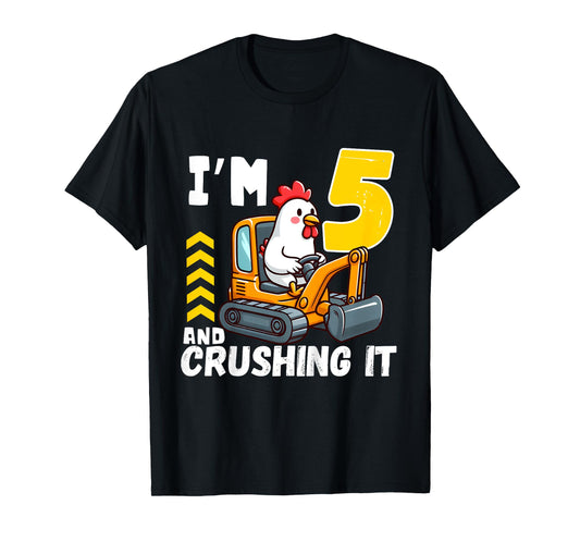 Kids Five 5yr 5th Birthday Construction Boy 5 Years Old Chicken T-Shirt