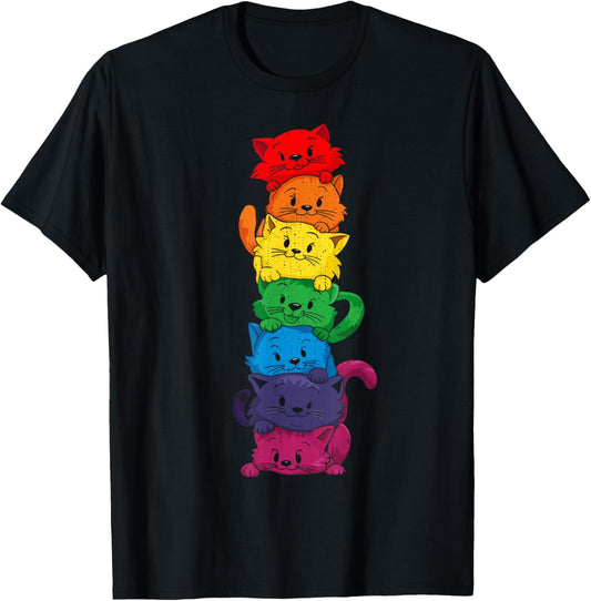 Vintage LGBT Cat Stack Rainbow Gay Pride For Cat Lover T-Shirt