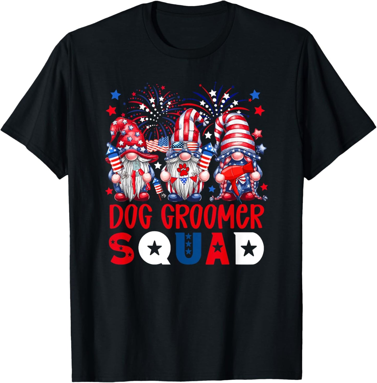 Dog Groomer Squad 4th Of July US Flag Three Gnomes Job Team T-Shirt