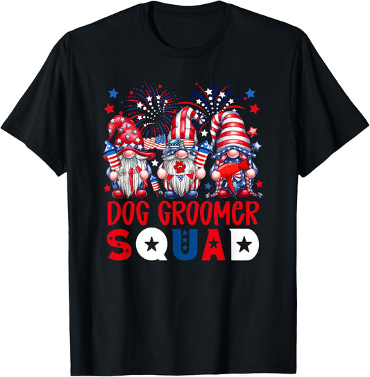 Dog Groomer Squad 4th Of July US Flag Three Gnomes Job Team T-Shirt