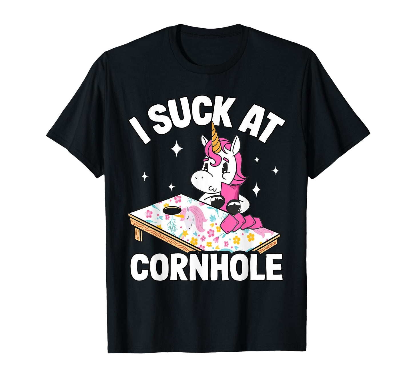 I Suck At Cornhole Loser Funny Sarcastic Joke Pink Unicorn T-Shirt