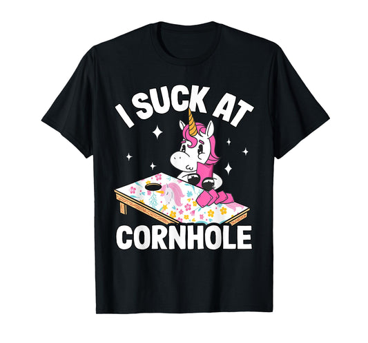 I Suck At Cornhole Loser Funny Sarcastic Joke Pink Unicorn T-Shirt