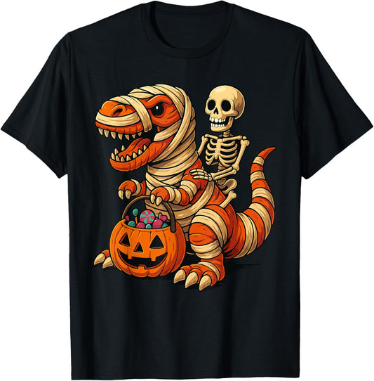 Skeleton Riding Mummy Dinosaur T rex Halloween Funny Pumpkin T-Shirt