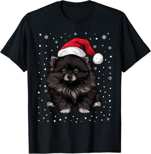 Black Pomeranian Dog Christmas Santa Hat Xmas Pajama T-Shirt