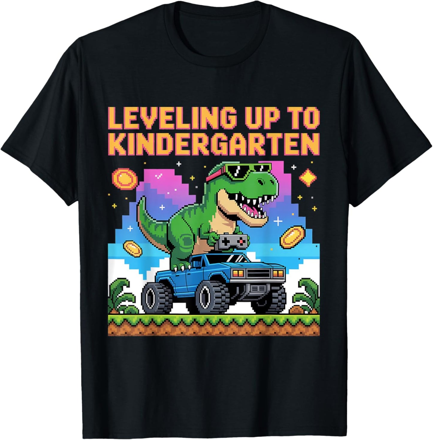 Dinosaur Riding Monster Truck video game pixel boys kids T-Shirt