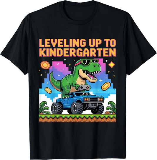 Dinosaur Riding Monster Truck video game pixel boys kids T-Shirt