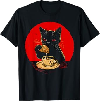 Cat Dipping Croissant In Coffee Cute Black Cat Food Lover T-Shirt for Men Women