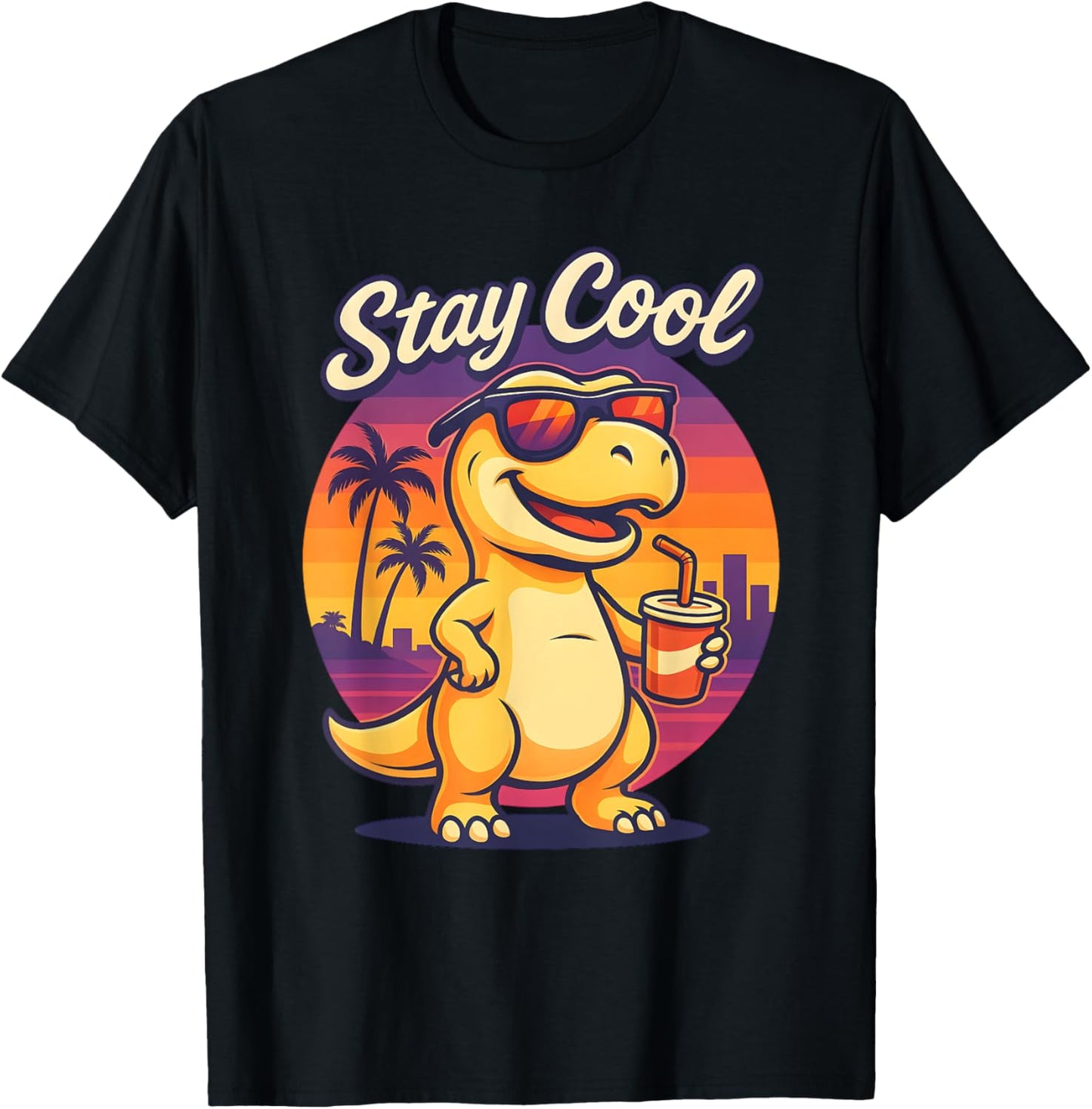 Cool Funny Vintage Tropical Retro Sunset Summer Dinosaur T-Shirt