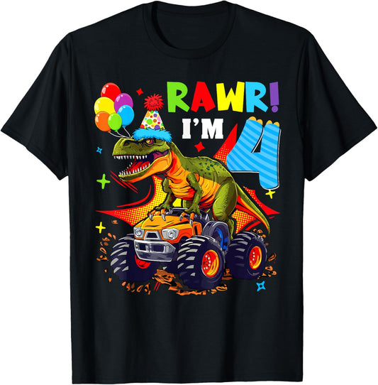 4th Birthday Monster Truck Dinosaur Party Boys Rawr I'm 4 T-Shirt