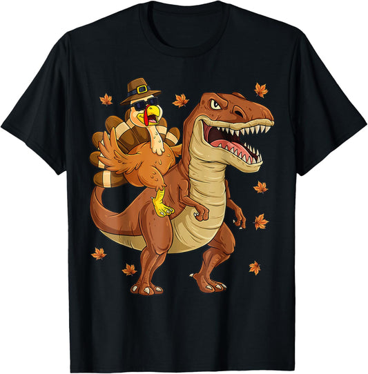 Turkey Riding Mummy Dinosaur T rex Boys & Girl Thanksgiving T-Shirt