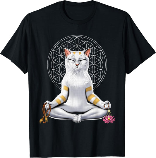 Cat Yoga Meditation Spiritual Zen Flower Of Life T-Shirt